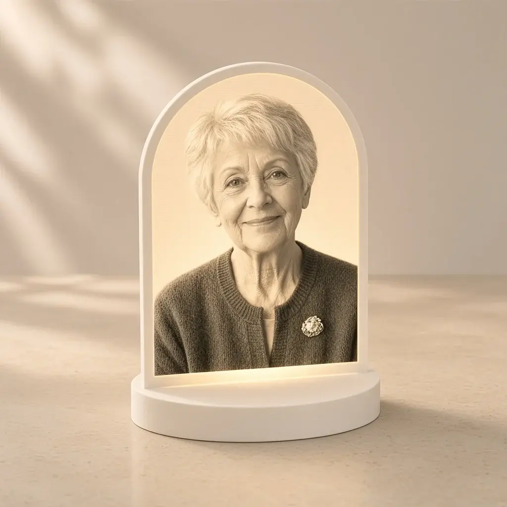 White arch-top photo lithophane memory light glowing with a monochrome portrait of a smiling grandmother.