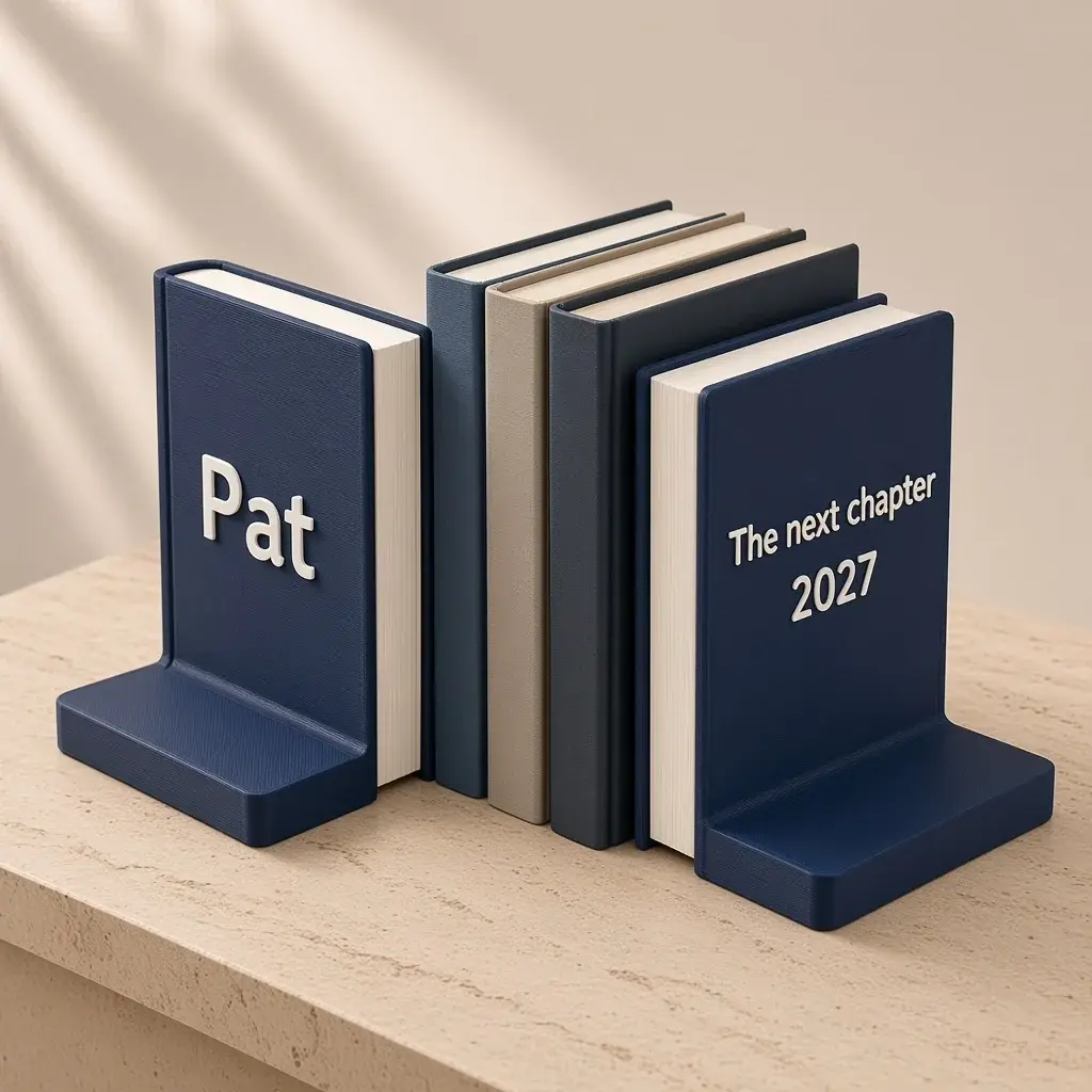 Pair of navy and white open-book bookends reading Pat and The next chapter 2027, holding a row of books.