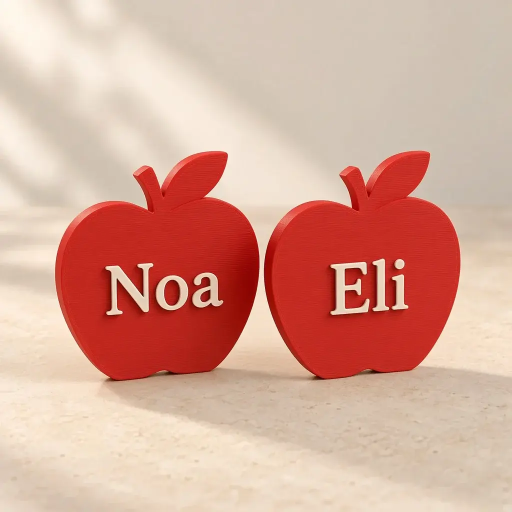 Two red apple place names with the names Noa and Eli in ivory.
