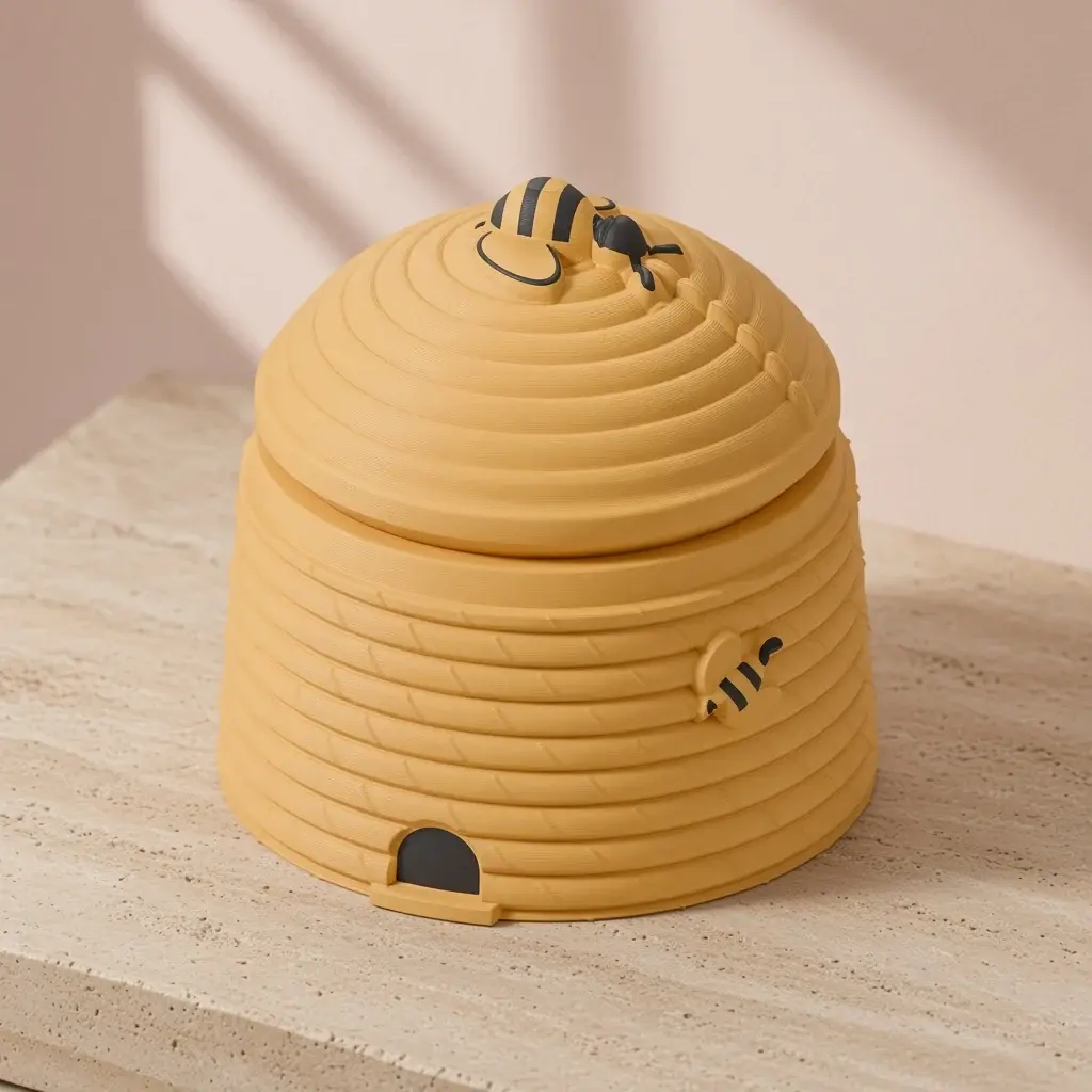Design image of the honey skep box: a honey-gold coiled beehive with a black entrance and striped bees beside its coiled lid with a bee knob.