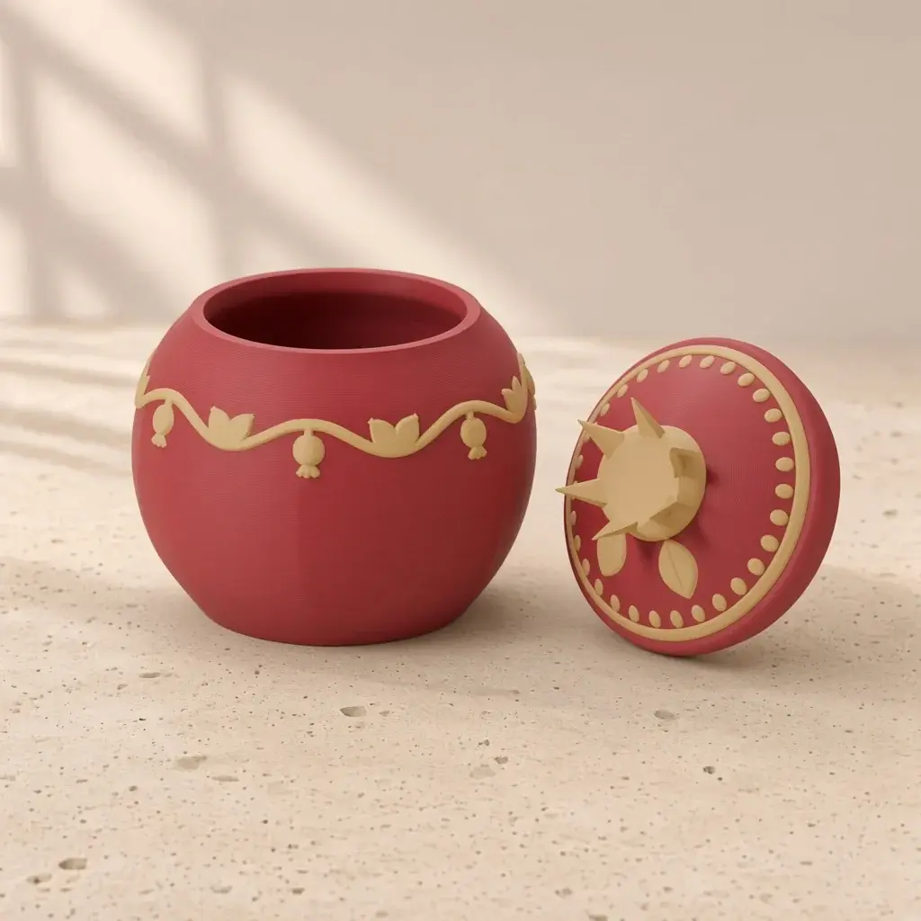 Design image of the pomegranate box: a deep-red ribbed pomegranate with a gold vine of hanging fruit and leaves, beside its domed lid with seed pearls and a gold six-pointed calyx crown.