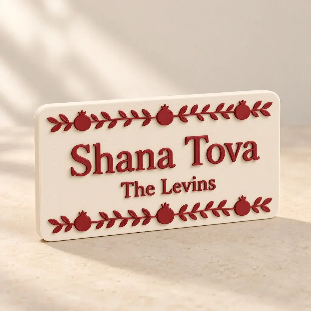 Ivory plaque with pomegranate borders, Shana Tova and The Levins in deep red.