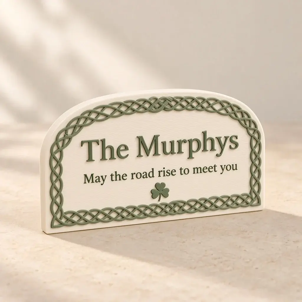 Ivory arched plaque with a green Celtic knot border, The Murphys and an Irish blessing.