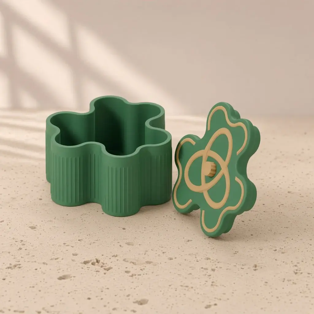 Design image of the Celtic shamrock box: a green reeded three-leaf box beside its lid with a gold interlaced trefoil knot.