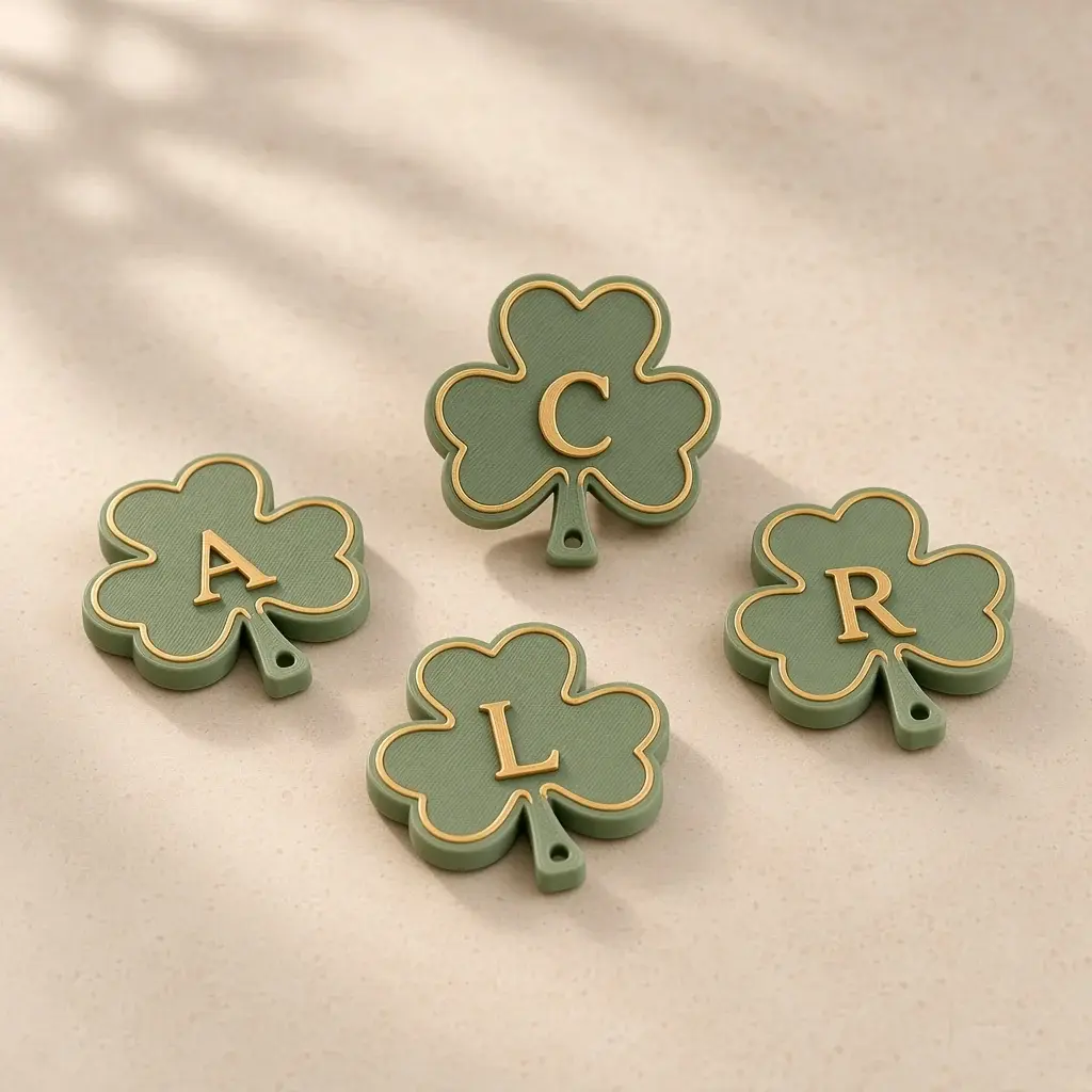 Four green shamrock charms with gold outlines and the initials A, C, L and R.