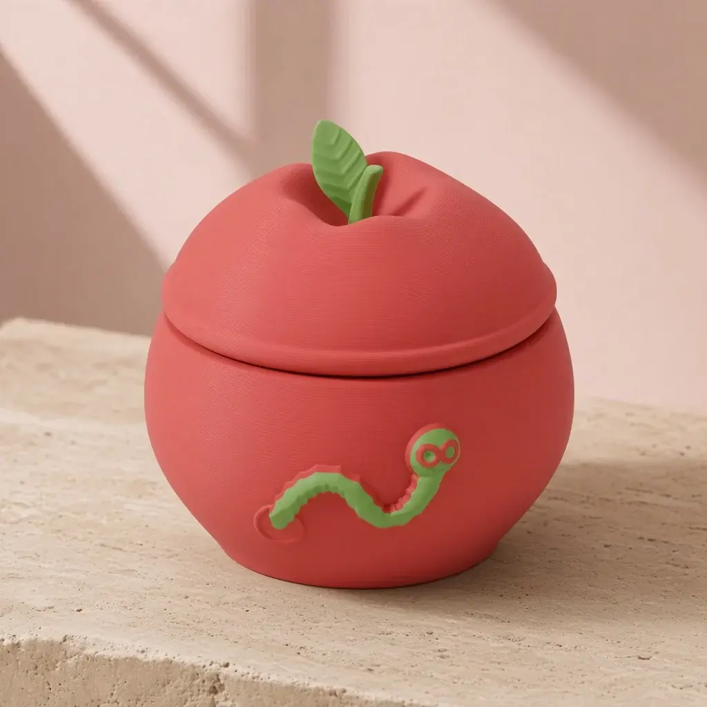 Design image of the teacher’s apple box: a red apple with a green bookworm in red spectacles peeking out, beside its crown lid with a green stem and standing leaf.