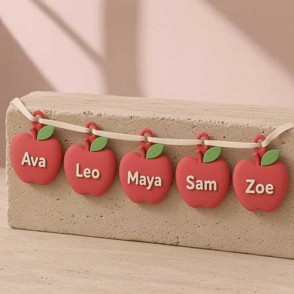 Five small red apple tags with green leaves, each carrying a student name in raised ivory letters, strung on a ribbon.