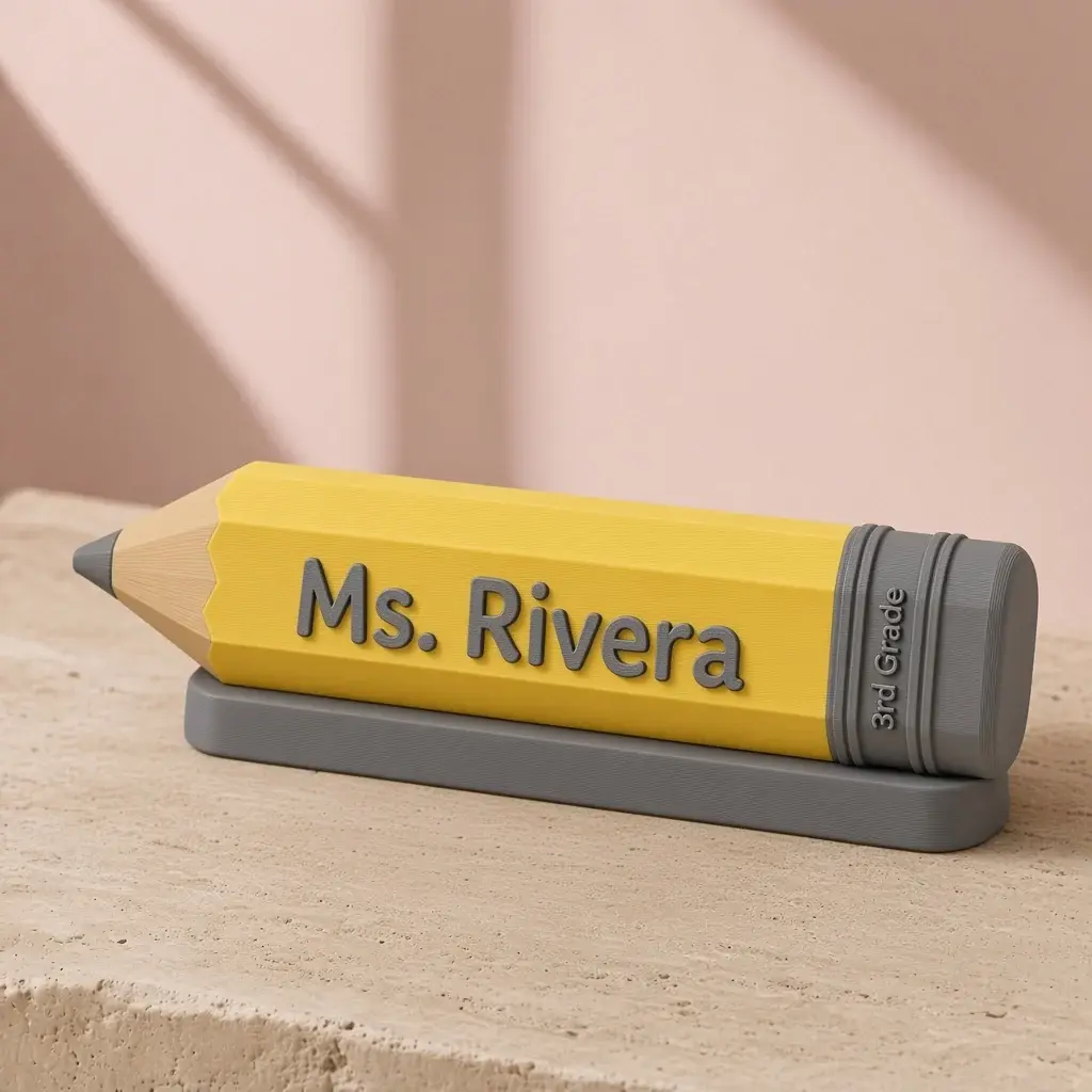 Yellow pencil-shaped desk name plate reading Ms. Rivera with 3rd Grade on the eraser band.