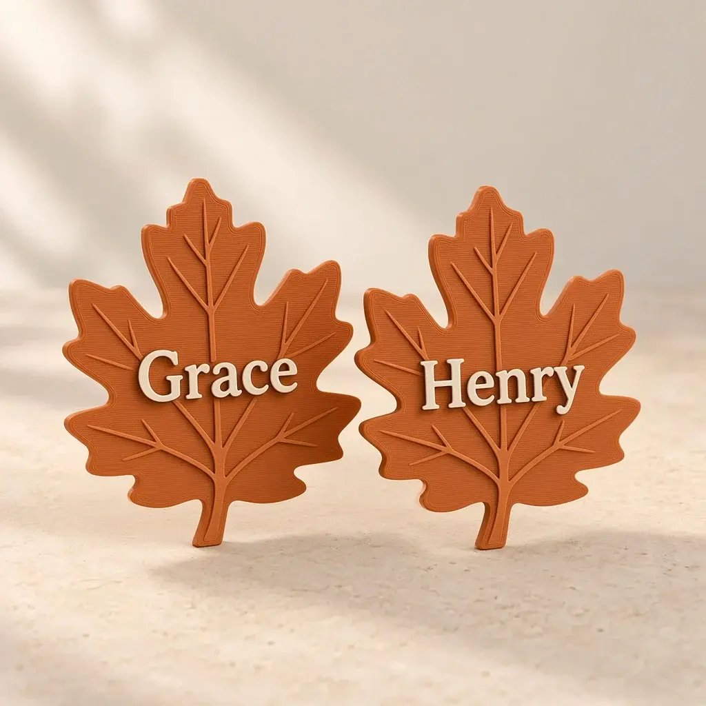 Two rust leaf place names with ivory veins and the names Grace and Henry.