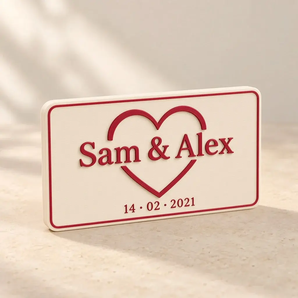 Ivory plaque with a crimson heart, the names Sam and Alex and a date.