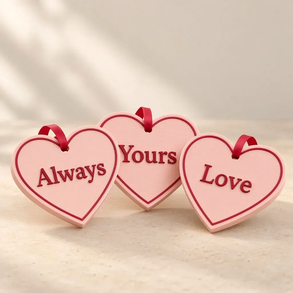 Three blush heart tags reading Always, Yours and Love in crimson.