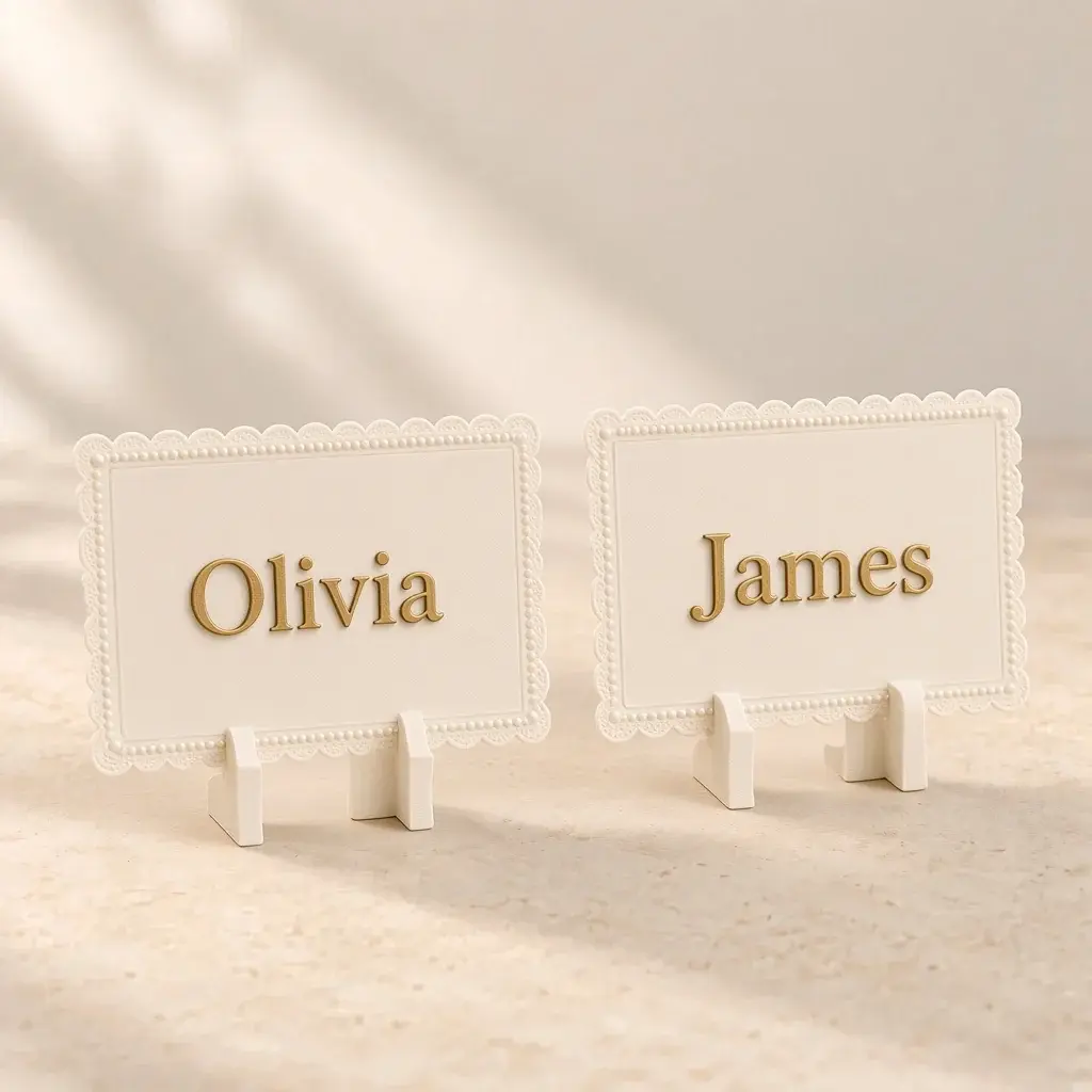 Two ivory lace-edged place cards with pearl borders and the names Olivia and James in gold.