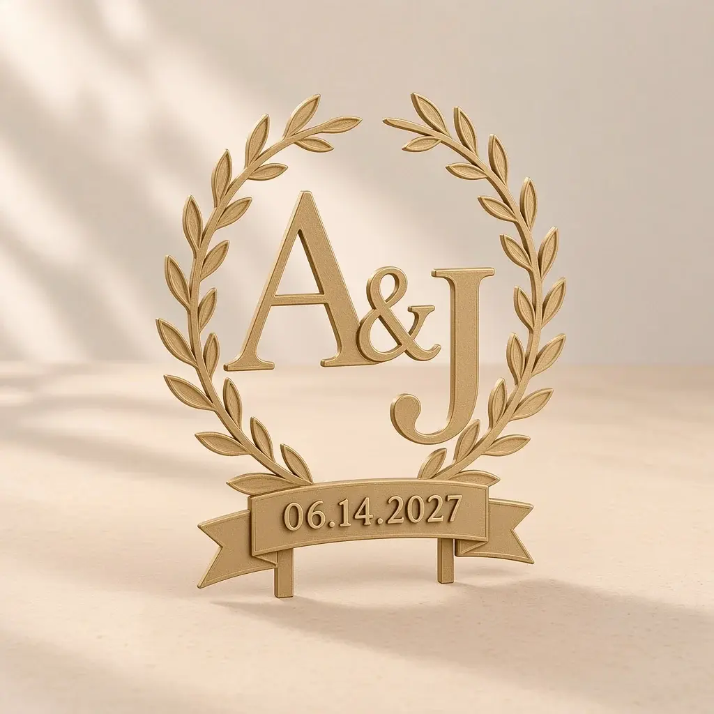 Champagne-gold cake topper with the initials A and J inside a laurel ring and a date beneath.