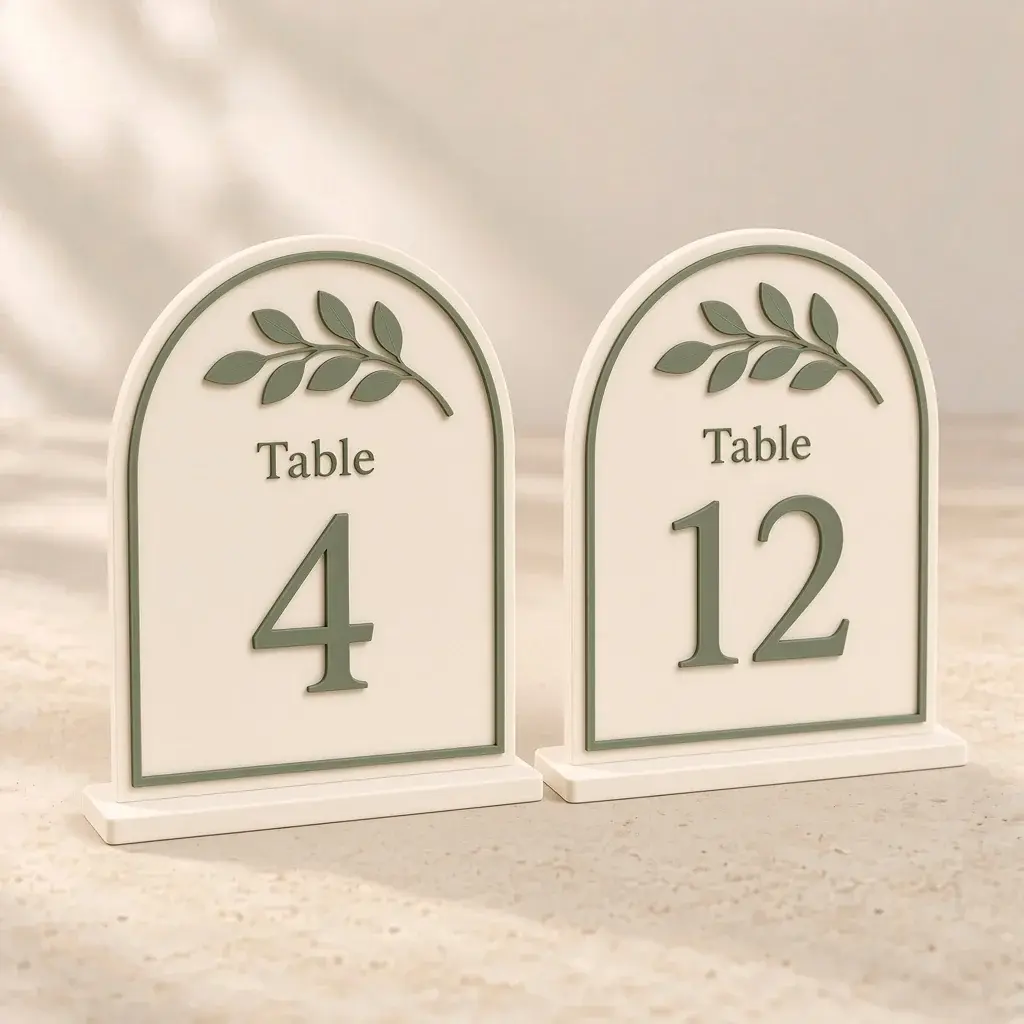Two ivory arched table numbers, 4 and 12, with sage borders, eucalyptus sprigs and the word Table.