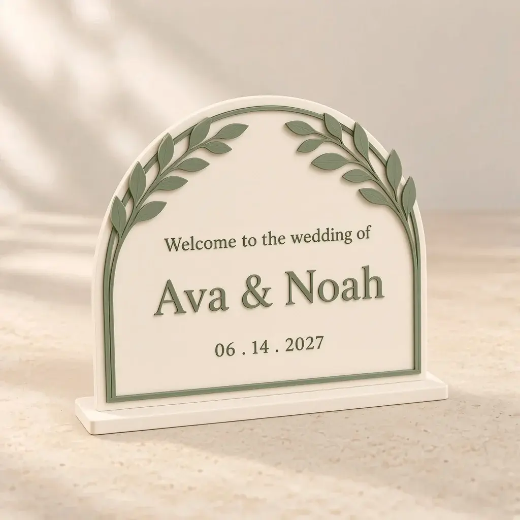 Ivory arch-top welcome sign with a sage border, two eucalyptus sprigs and the names Ava & Noah in raised sage lettering.