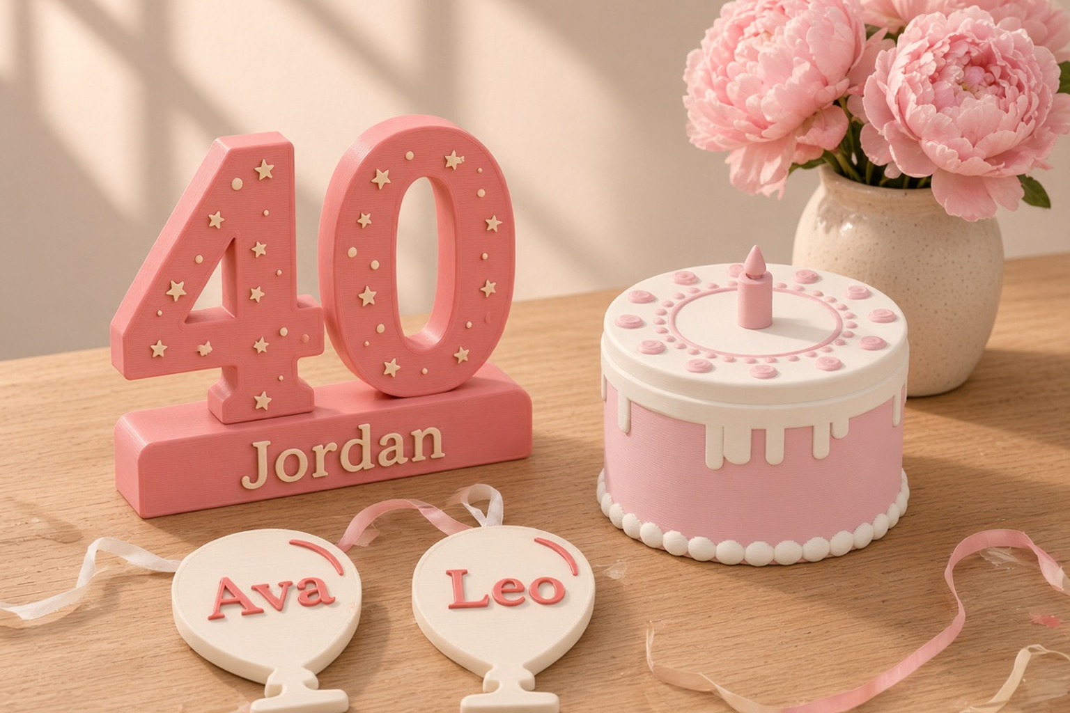 Birthday collection with a strawberry layer-cake box with a candle, a pink 40 milestone display and cream balloon place names
