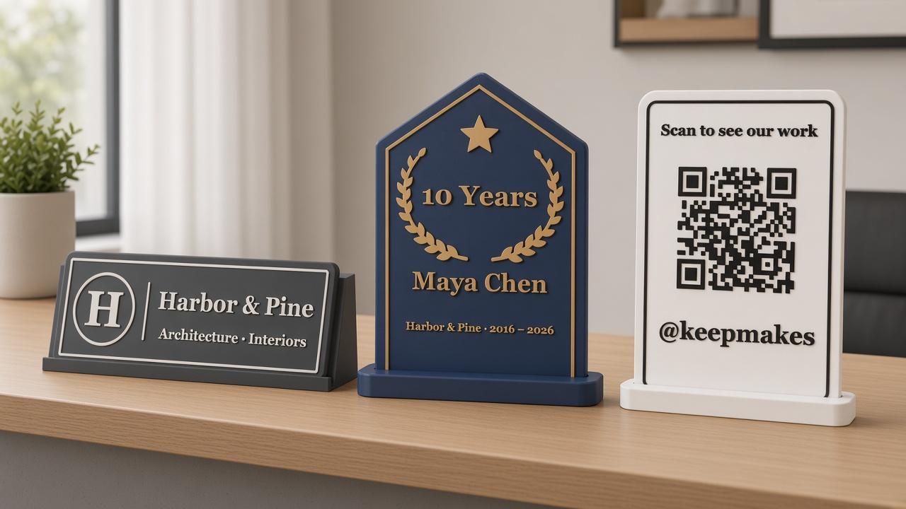 Business and teams collection on an oak counter: a charcoal logo desk sign for Harbor & Pine, a navy and gold 10 Years award for Maya Chen, and a white scan-me counter sign with a black QR code