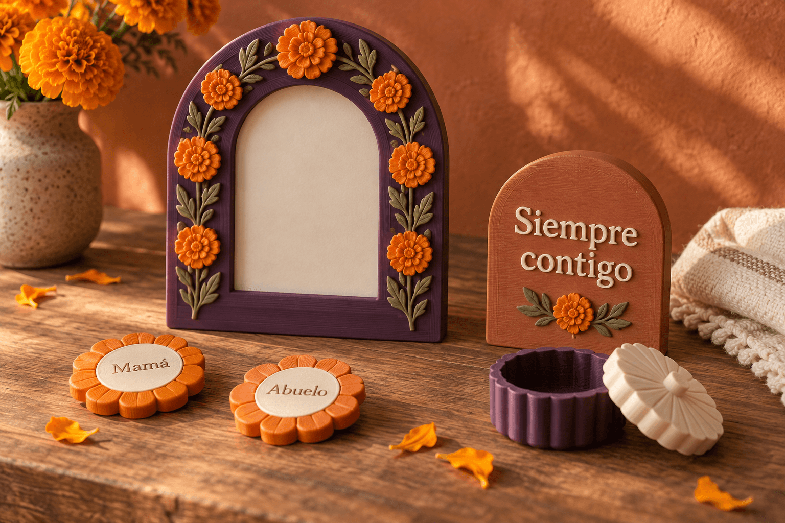 Día de Muertos remembrance collection with marigold arch frame, Siempre contigo plaque, family name medallions, and plum memory box