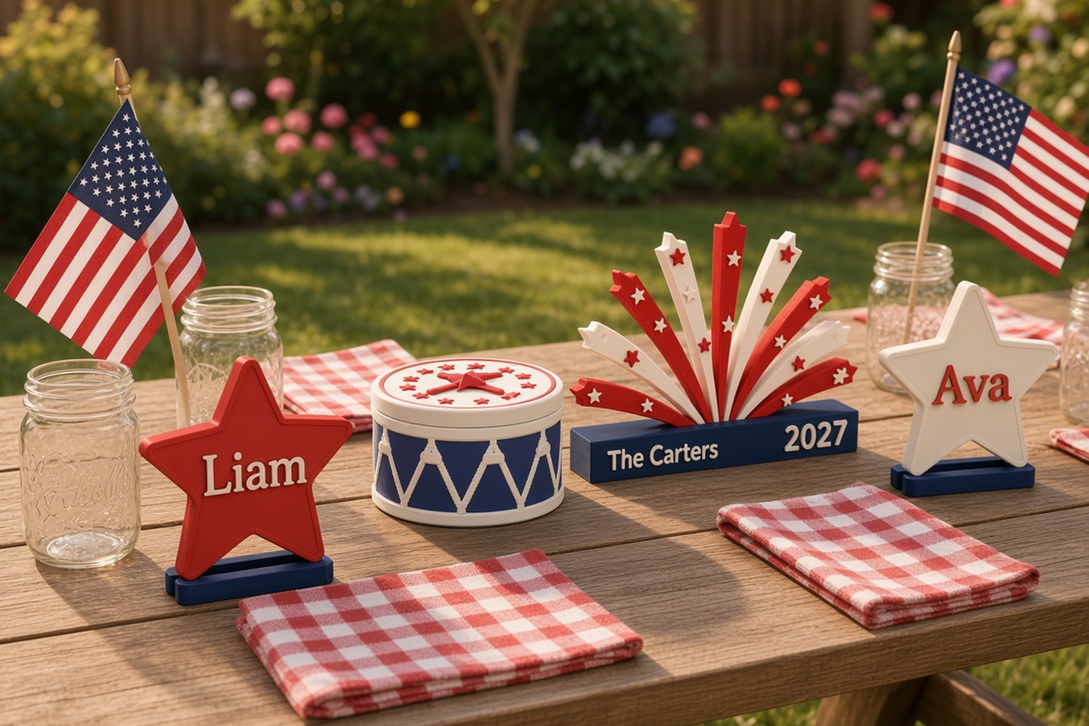 Fourth of July collection with a navy parade drum box with ivory rope and a red-starred drumhead, red star place cards and a navy and red firework centerpiece