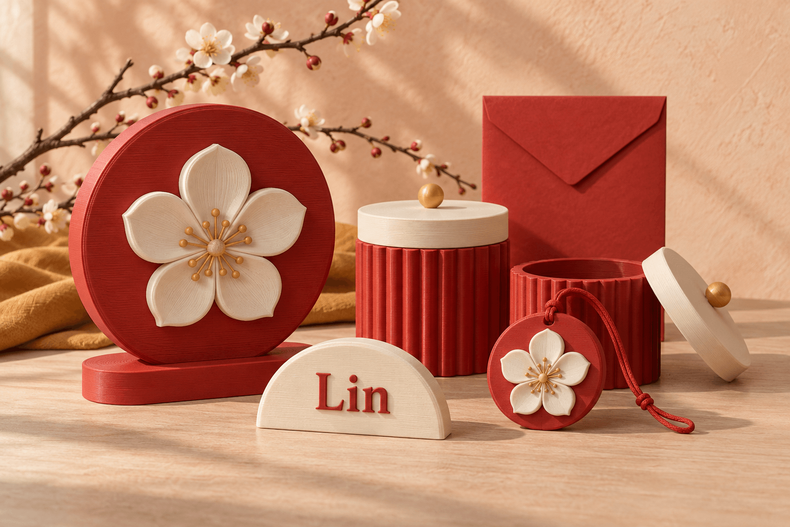 Chinese New Year-inspired red blossom medallion, red fluted boxes, ivory Lin place name, and blossom gift tag