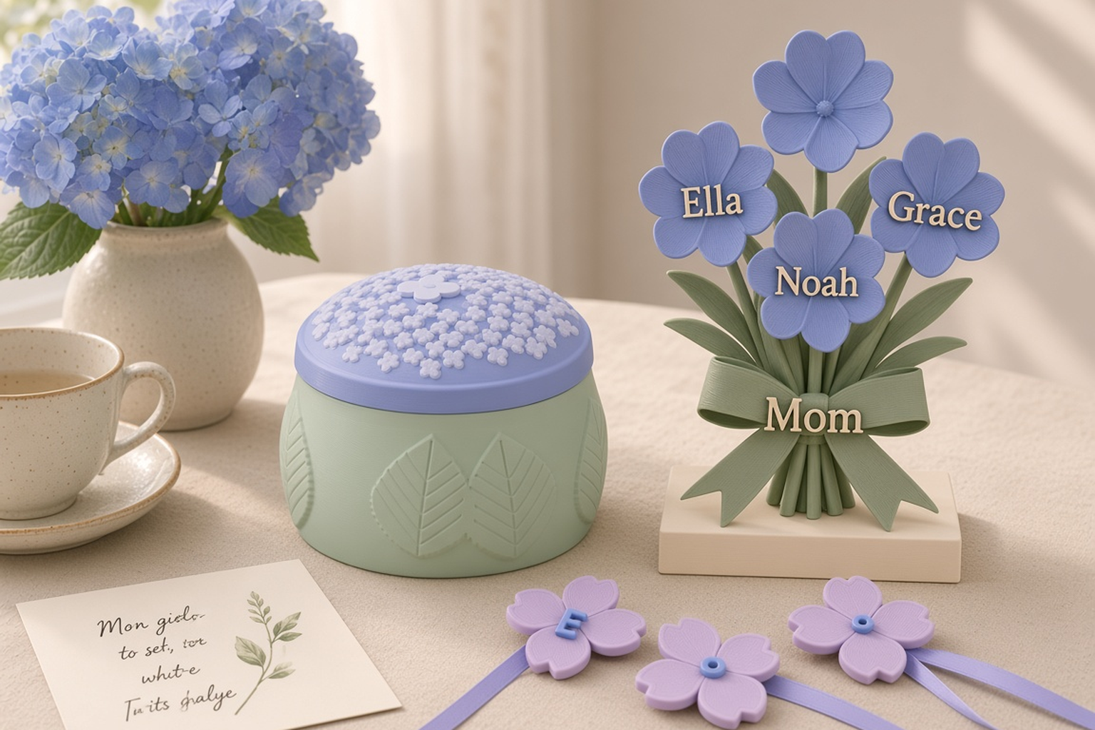 Mother’s Day collection with a periwinkle hydrangea dome box on sage leaves, a bouquet plaque of children’s names and lavender pressed-flower keepsakes