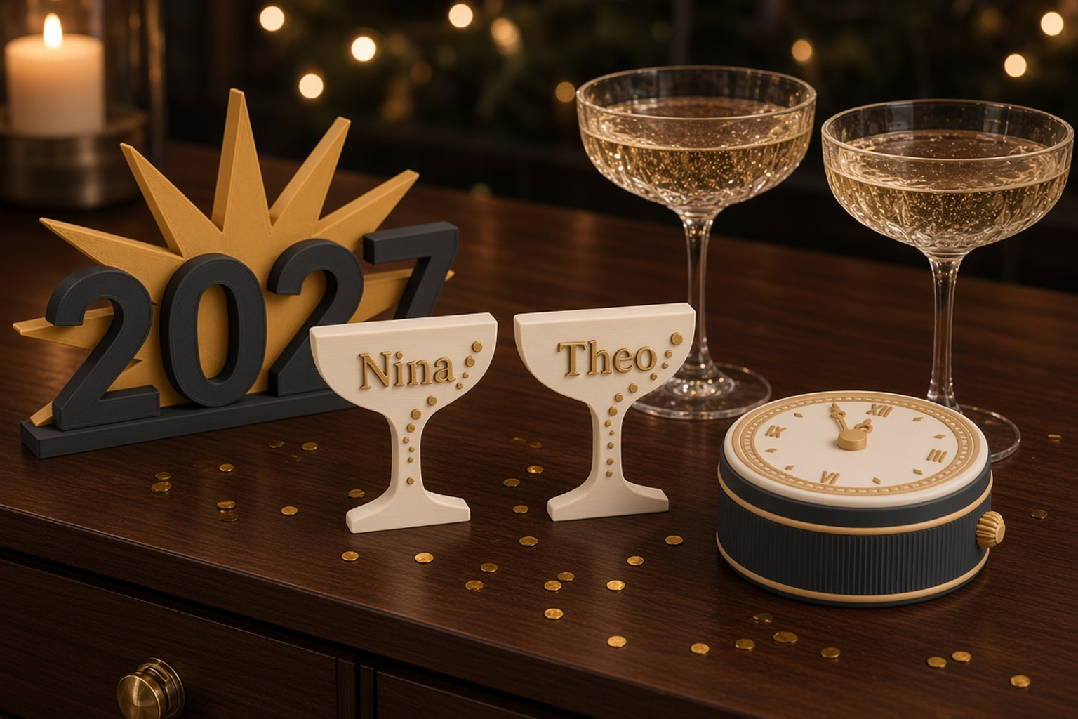 New Year’s Eve collection with a charcoal pocket-watch box with a gold dial at five to midnight, a 2027 starburst display and ivory champagne place names