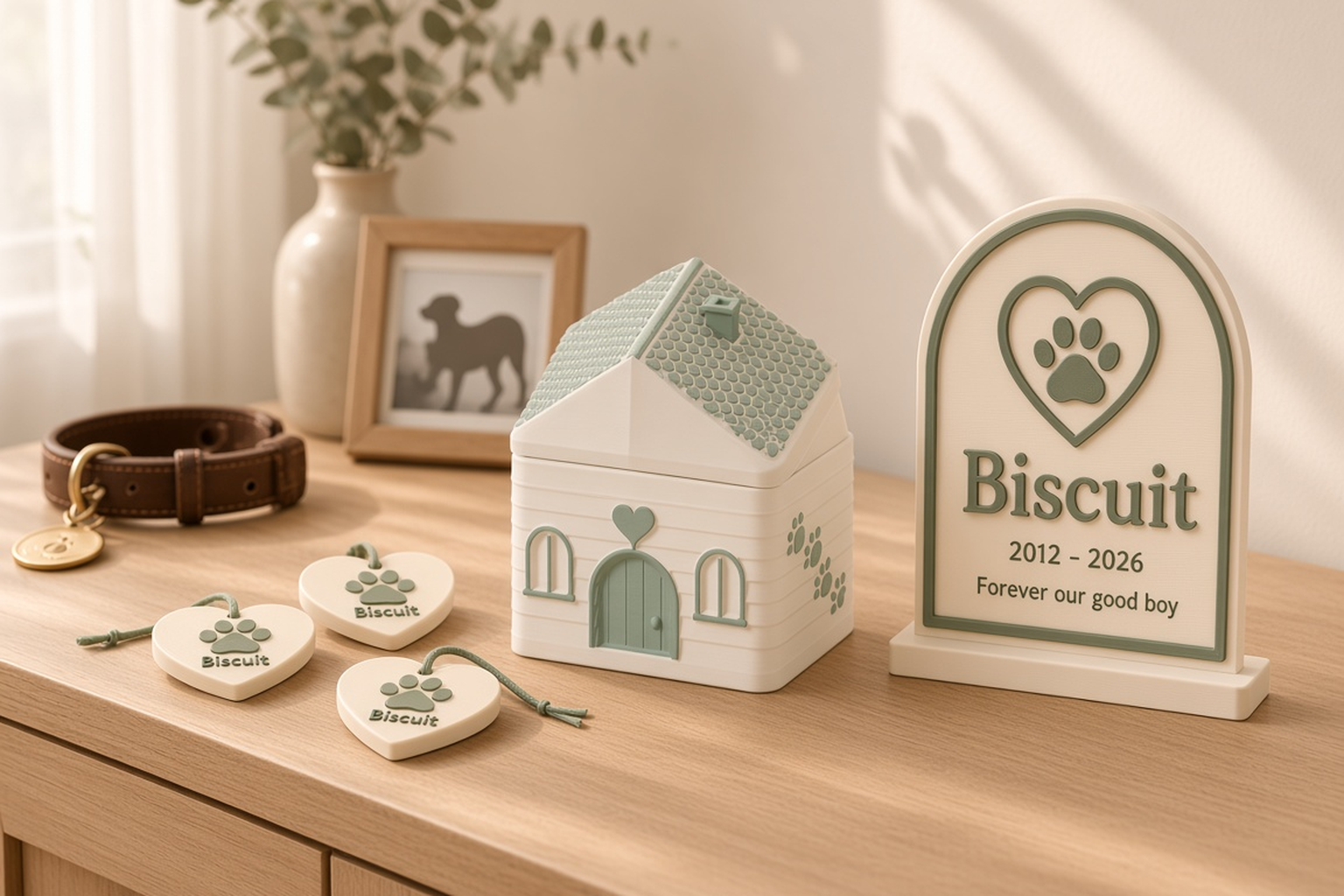 Pet remembrance collection with a cream clapboard house box with a sage shingled roof and arched door, a sage paw-print memorial plaque and cream paw-heart keepsakes