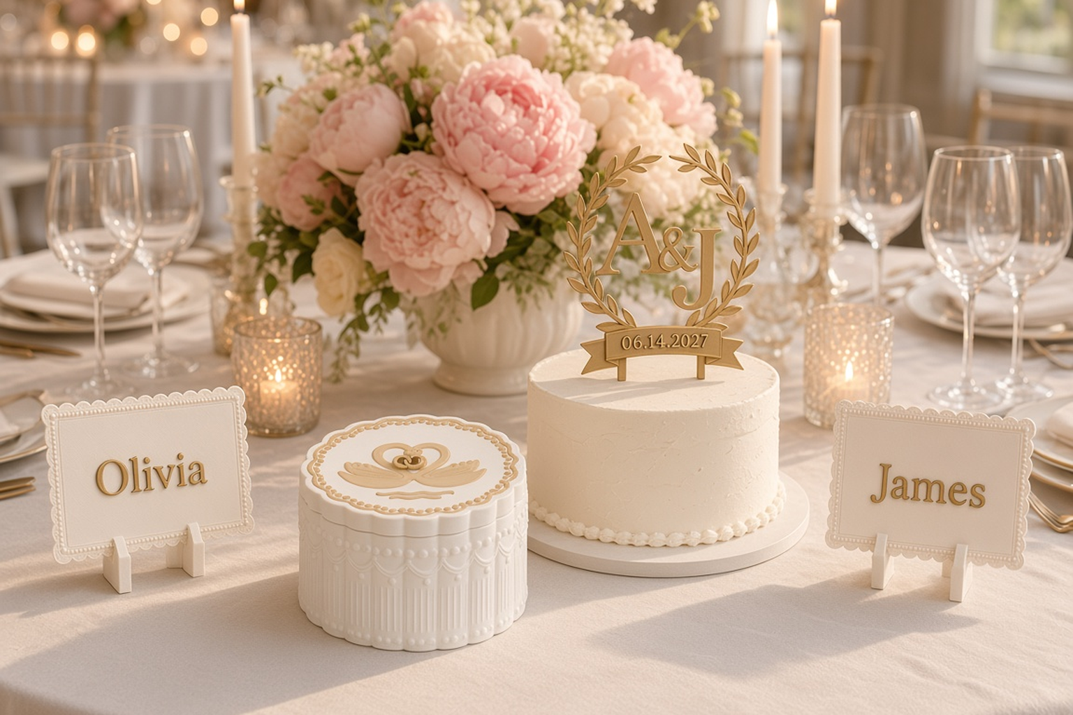 Wedding collection with an ivory scalloped lace box with two gold swans forming a heart on its lid, a gold monogram cake topper and ivory lace place cards