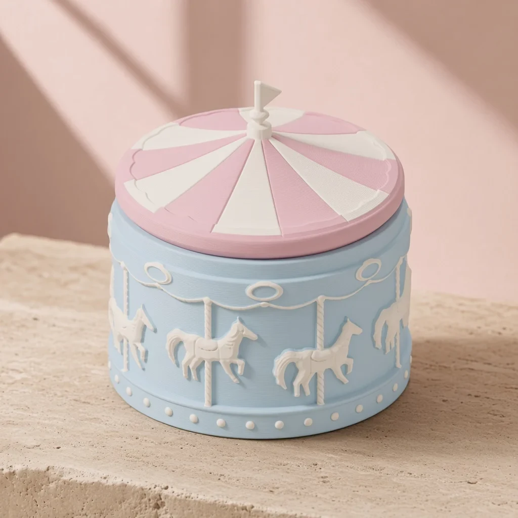 The carousel box in Powder blue, pink & ivory