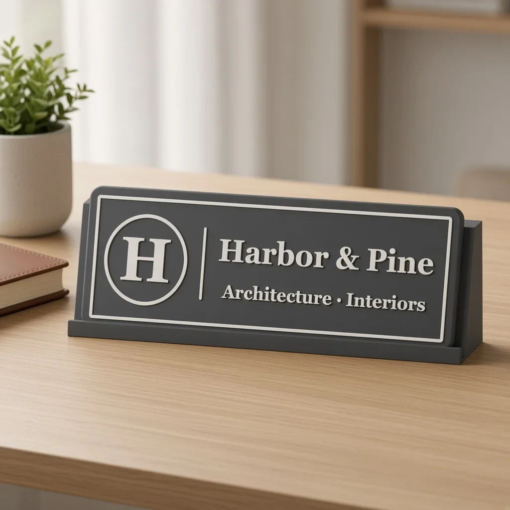 The logo desk sign in Charcoal & white