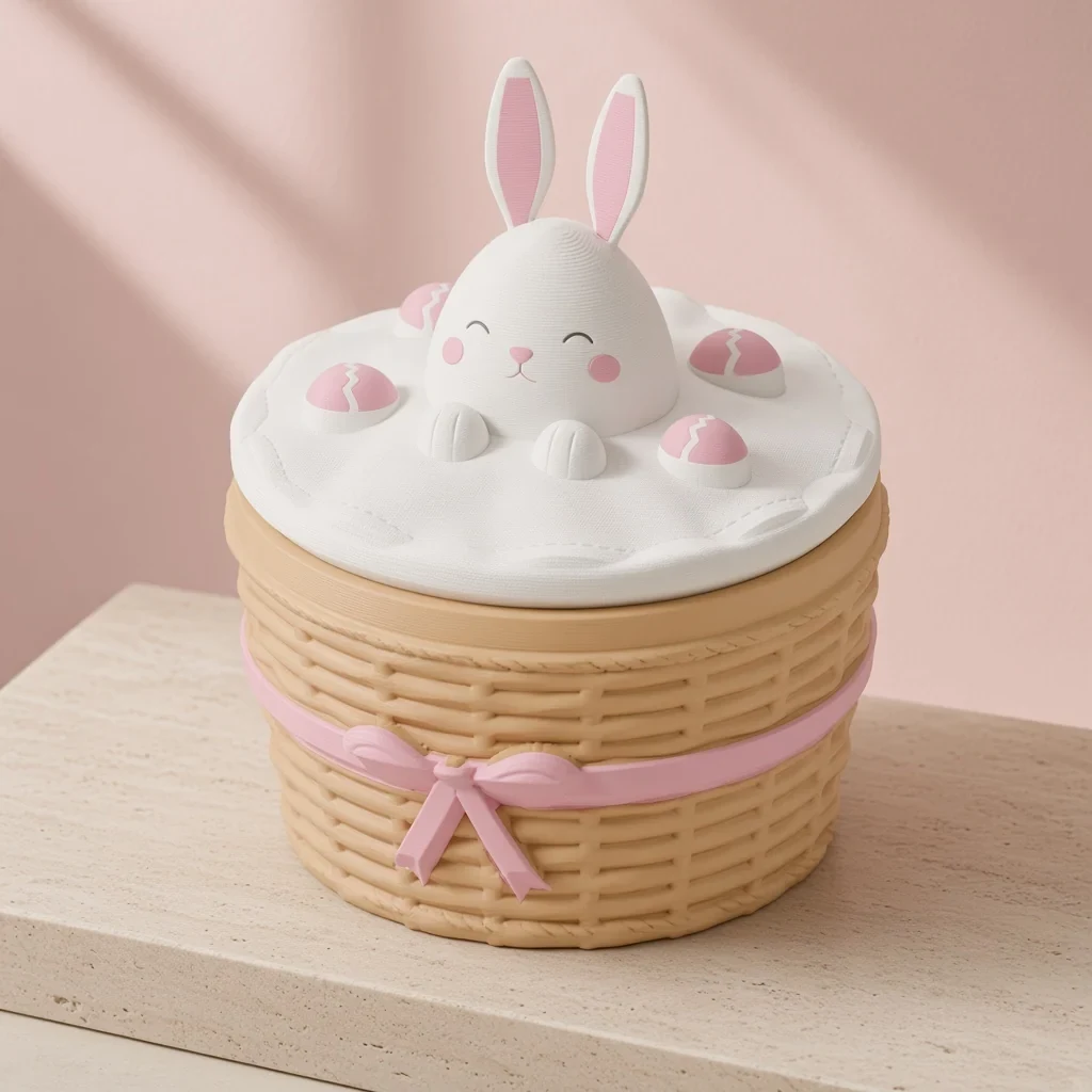 The bunny basket box in Wicker, linen & pink