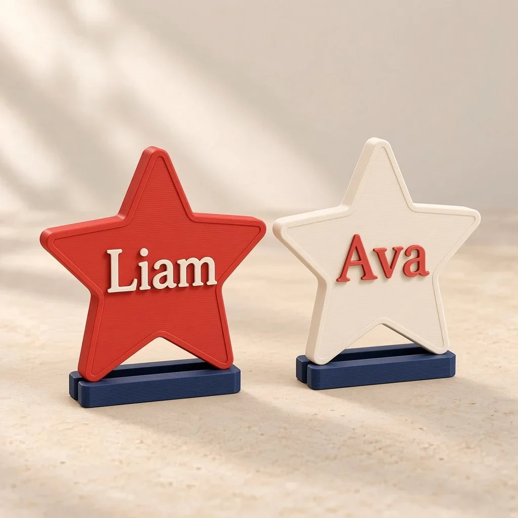 The star place cards in Red, ivory & navy