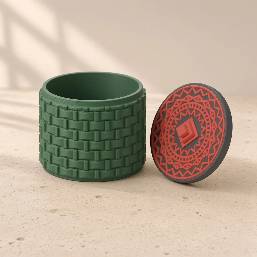 The woven kente box in Forest, Charcoal & Red