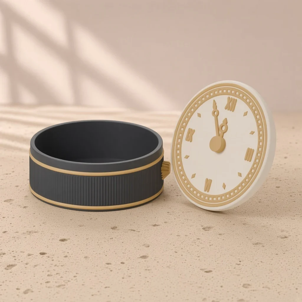 The midnight pocket-watch box in Charcoal, ivory & gold
