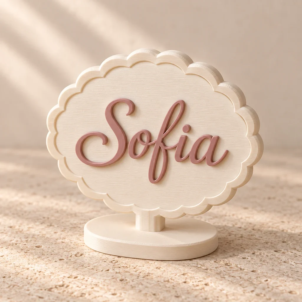 The scalloped name display in Ivory & Rose