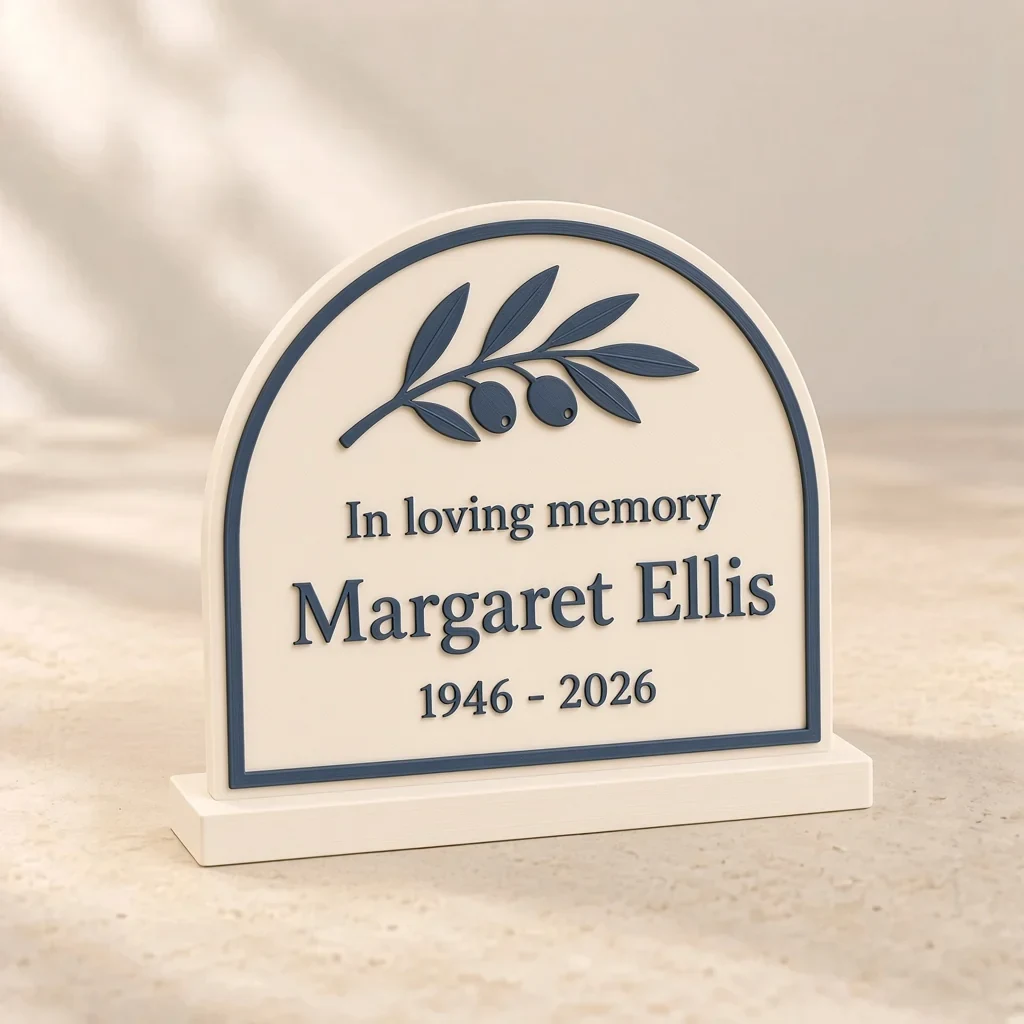 The in loving memory plaque in Ivory & slate blue