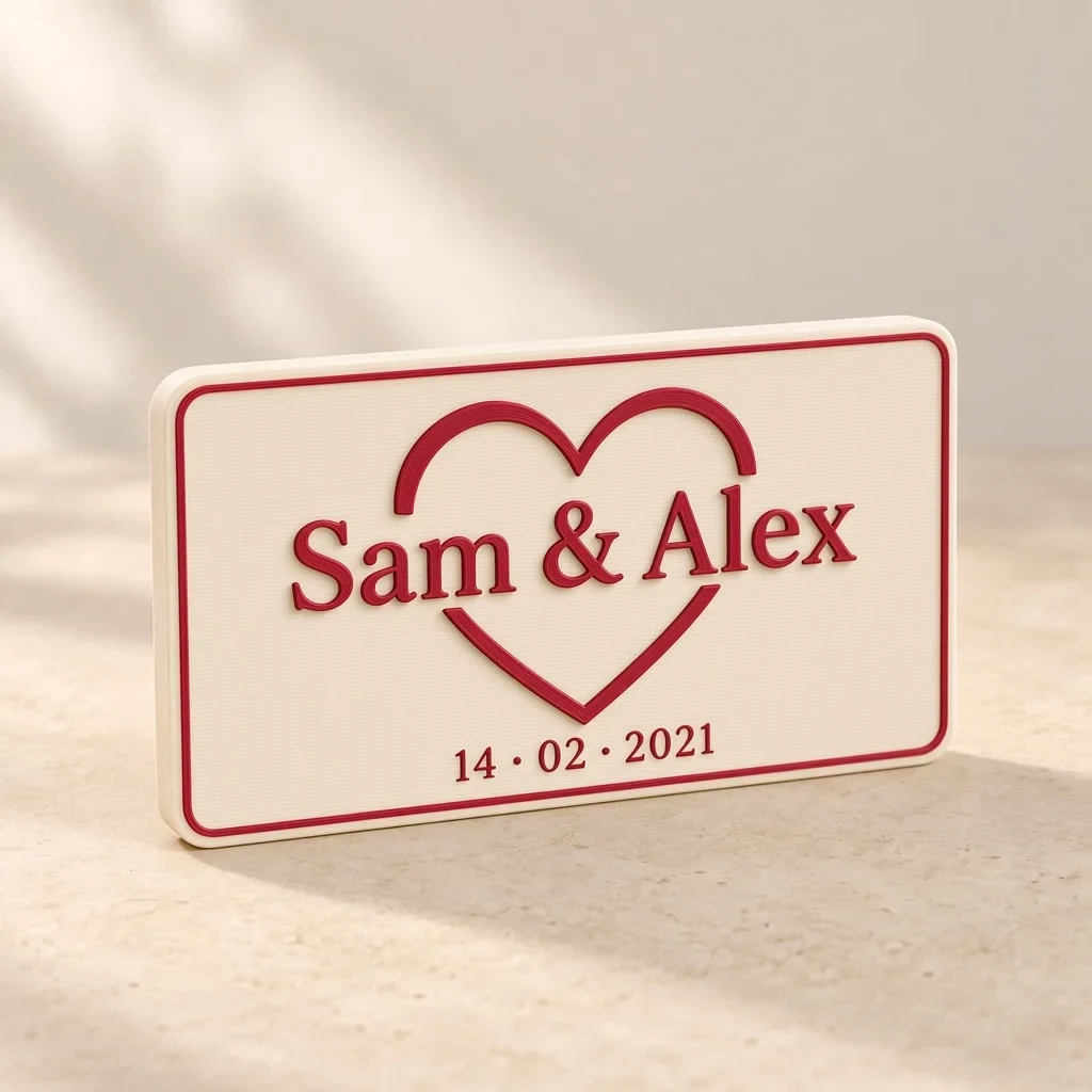 The our-story plaque in Ivory & crimson