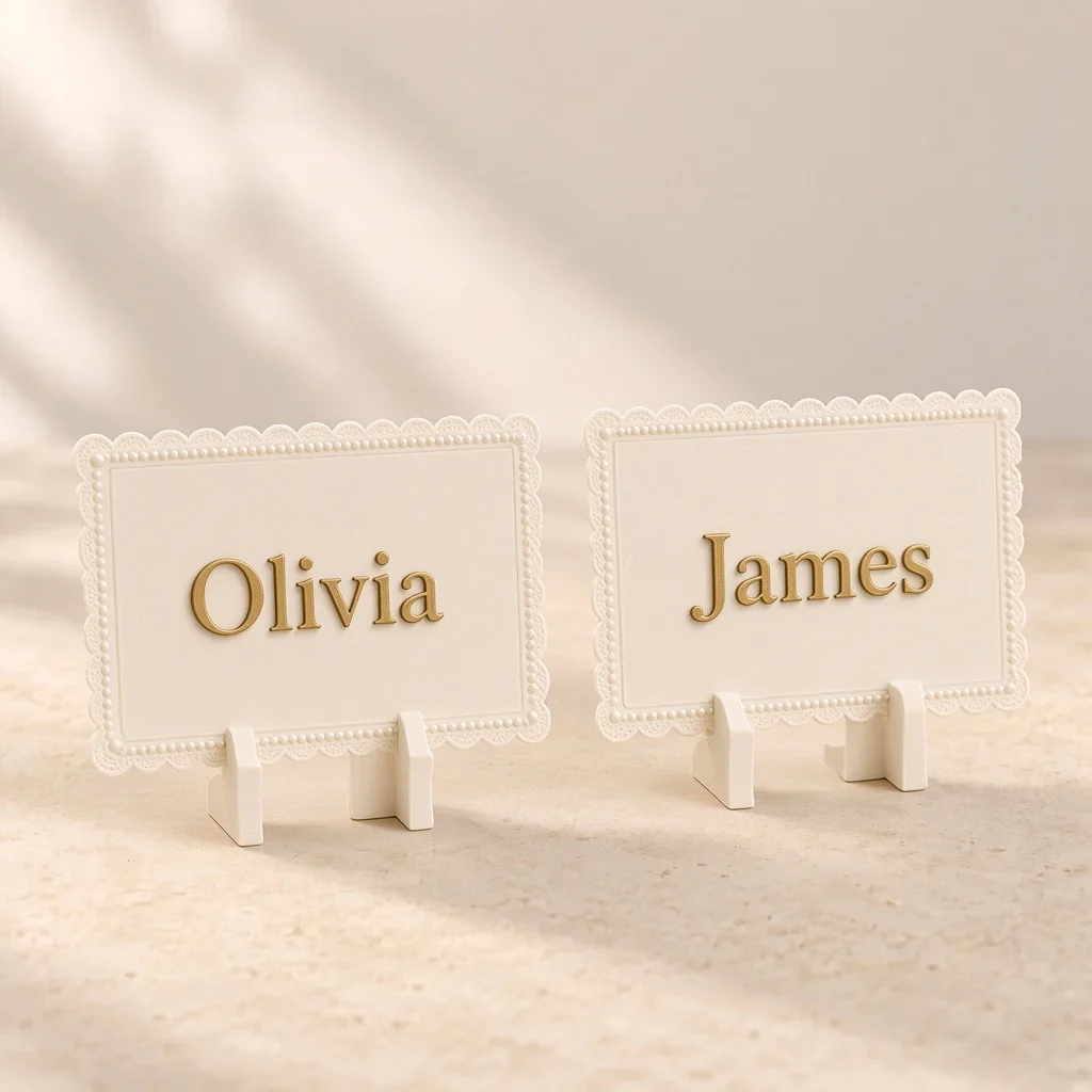 The lace place cards in Ivory & champagne