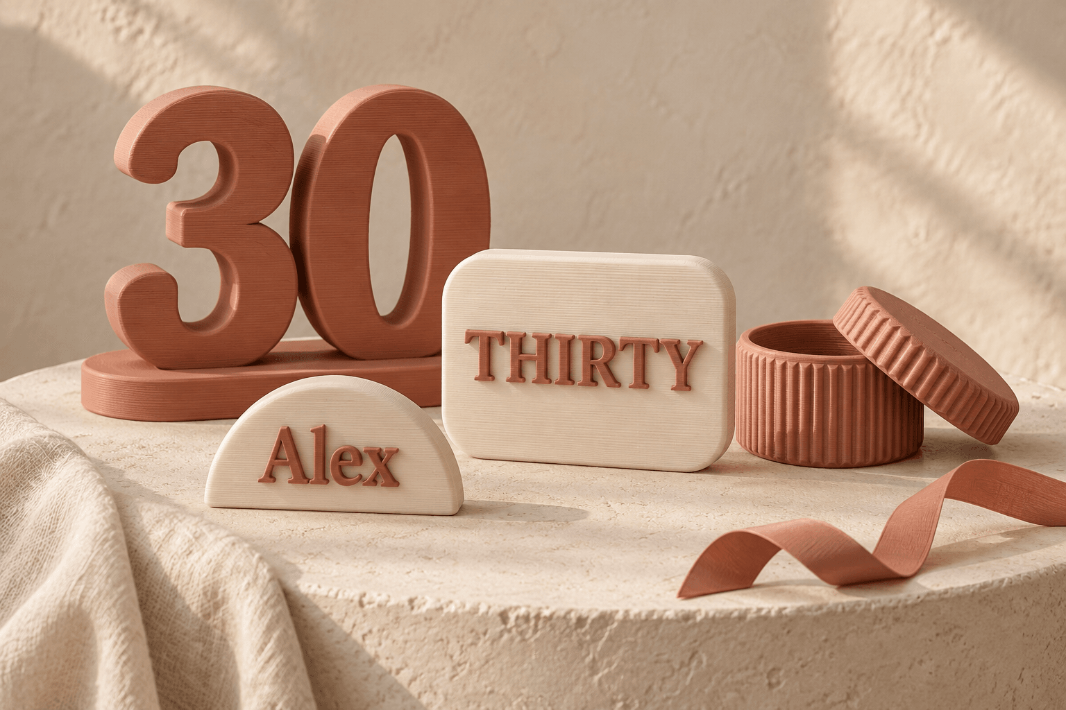 Birthday collection: terracotta 30 display, ivory THIRTY plaque, personalized Alex place name and ribbed favor box