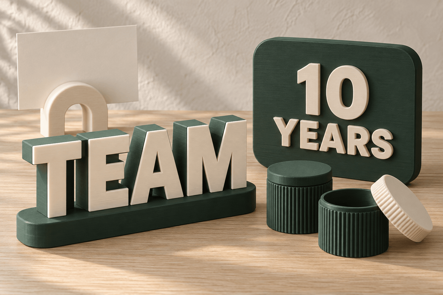 Business celebration collection: ivory TEAM name display, forest green 10 YEARS plaque, favor boxes and arch photo stand