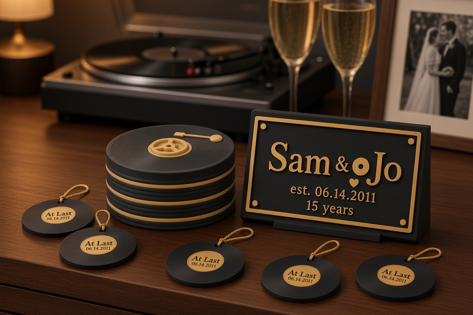 Anniversary collection with a black record-stack box with a gold label and tonearm, a black and gold anniversary date sign and small gold-label record medallions