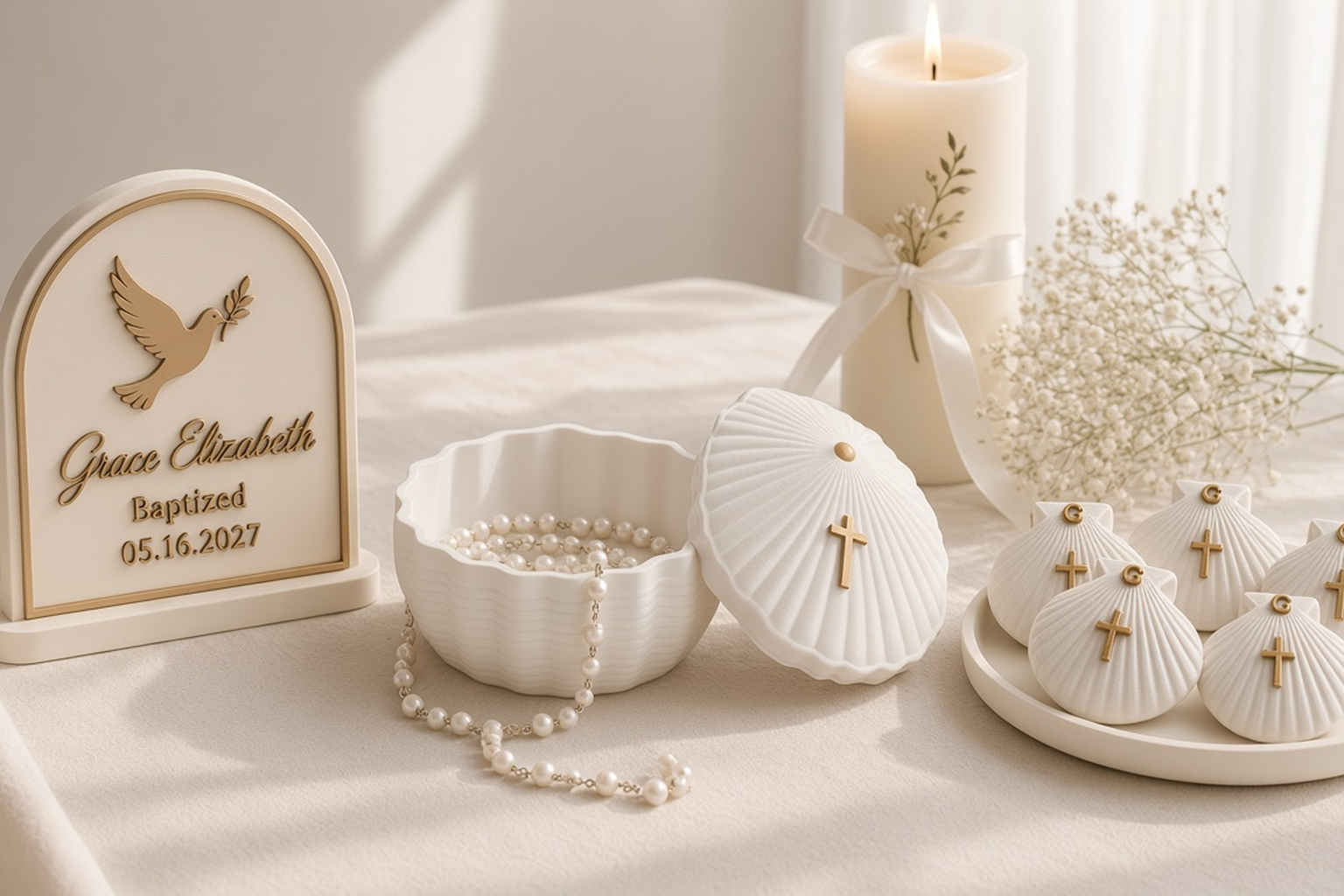 Baptism collection with a pearl-white scallop shell box with a gold cross, a white dove name plaque reading Grace and little gold-trimmed shell favors
