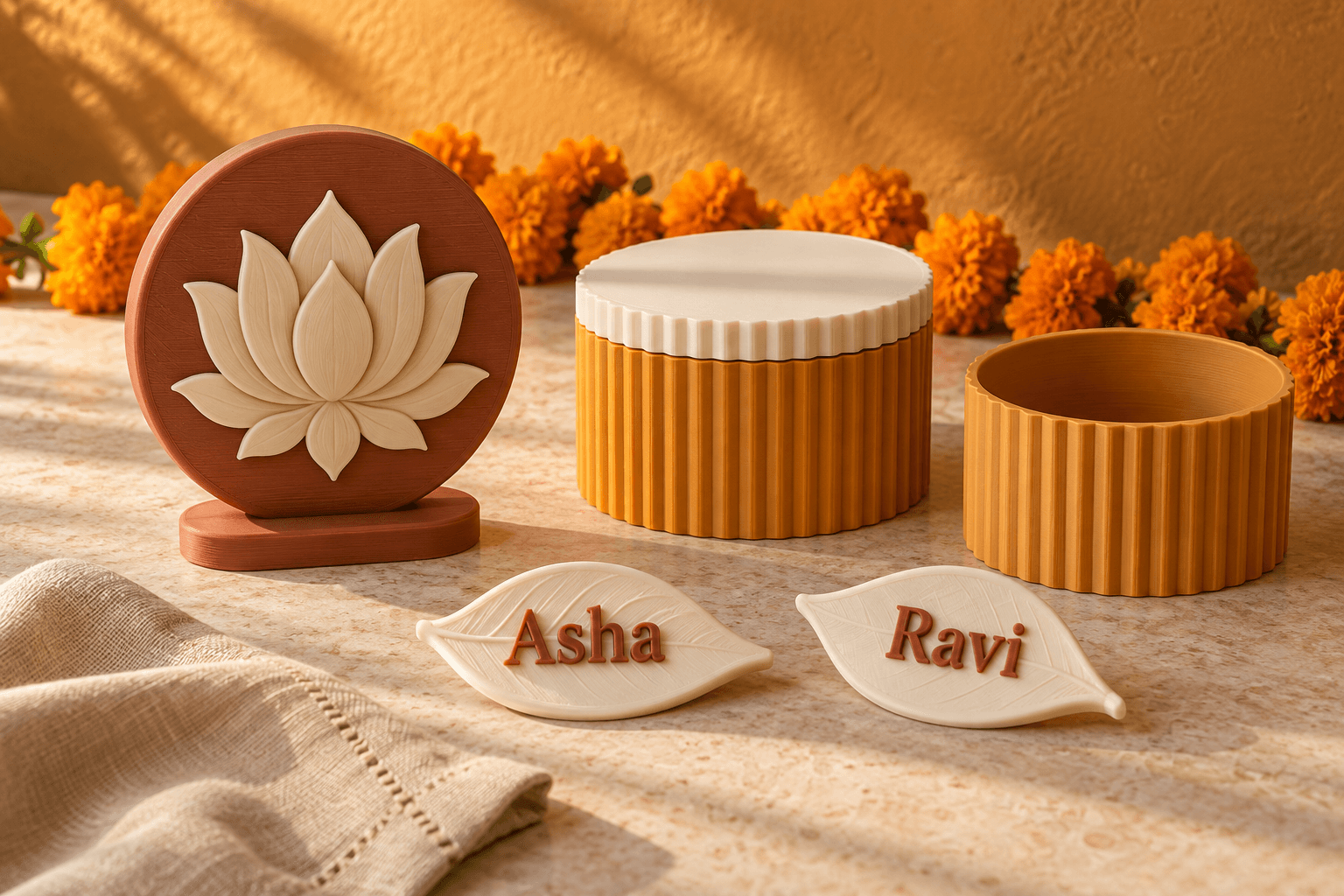 Diwali collection with terracotta lotus display, saffron gift boxes, and ivory Asha and Ravi leaf place names