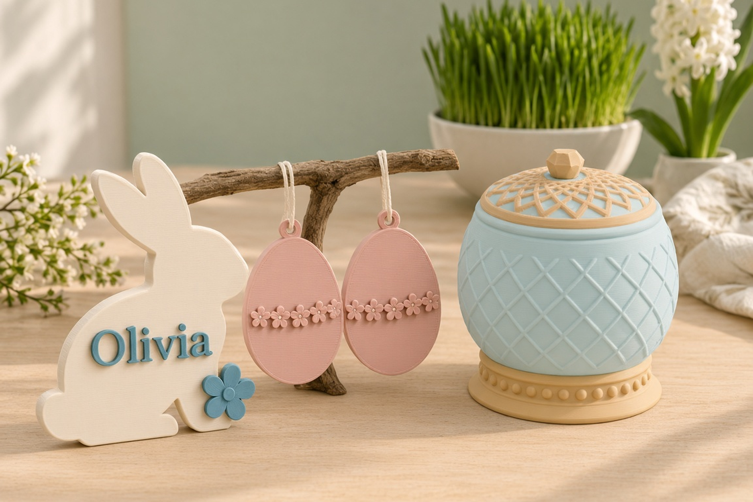 Easter collection with a robin’s-egg-blue jeweled egg box on a gold stand, an ivory Olivia bunny place name and blush blossom egg ornaments