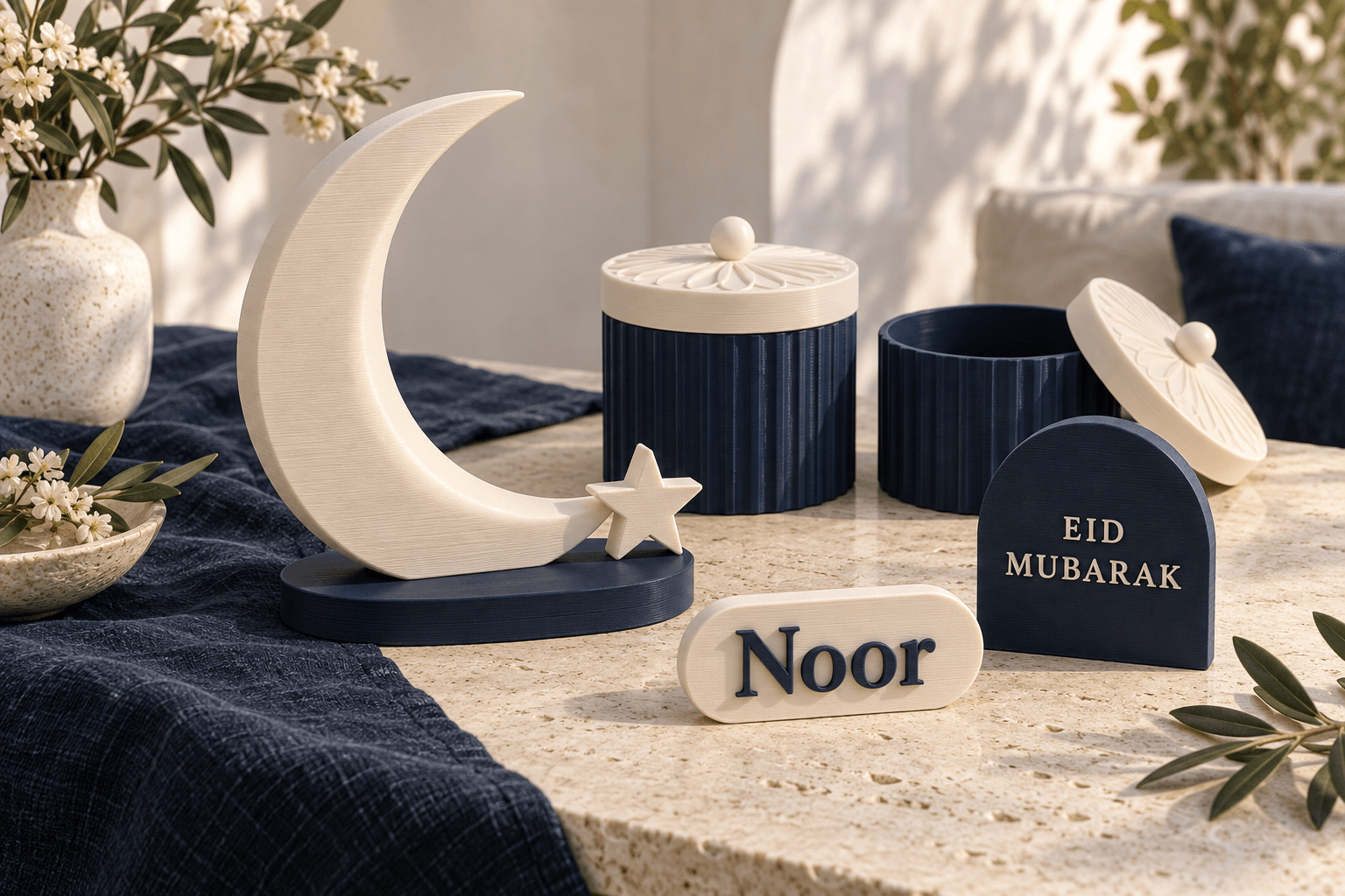 Eid al-Fitr collection with ivory crescent, navy gift boxes, Eid Mubarak plaque, and a Noor name piece