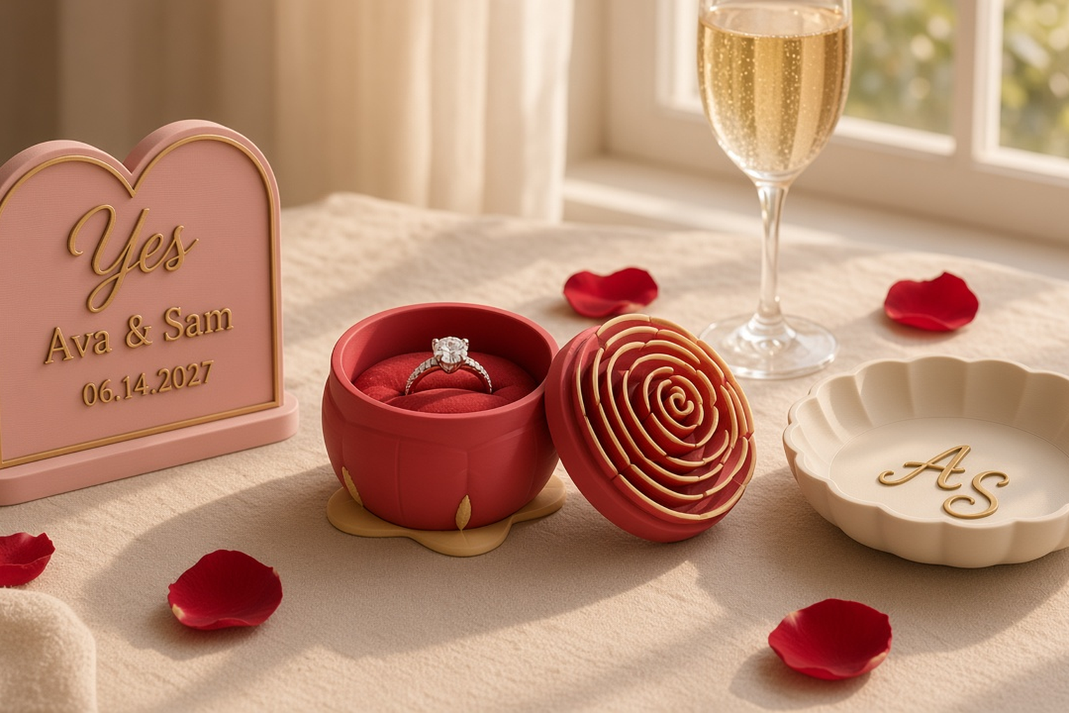 Engagement collection with a deep-red rose ring box edged in gold, opened to show a ring on its cushion, a blush heart plaque reading Yes and an ivory scalloped ring dish