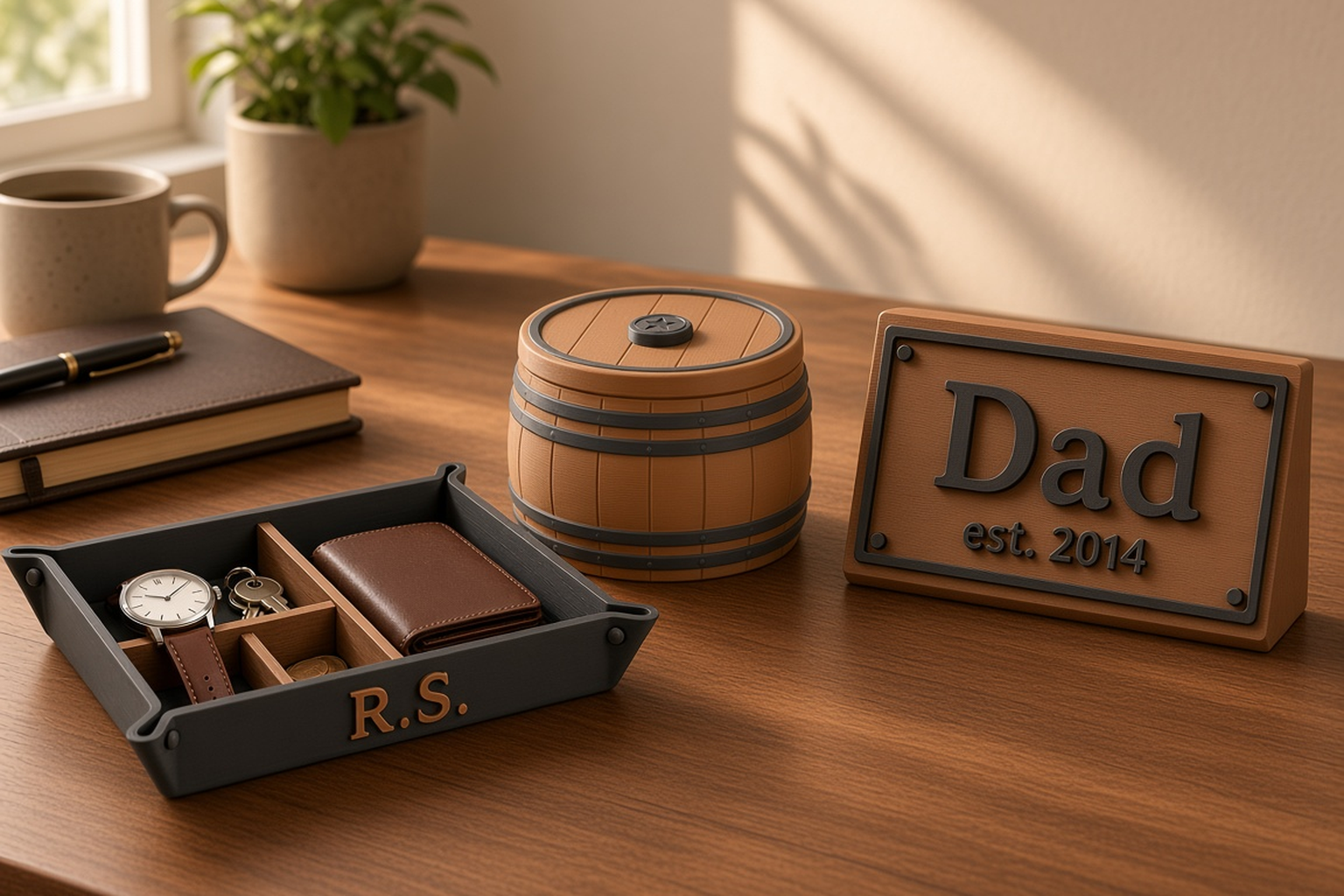 Father’s Day collection with an oak barrel box bound in charcoal iron hoops, an oak and charcoal Dad desk name plate and a charcoal valet tray holding a watch and keys