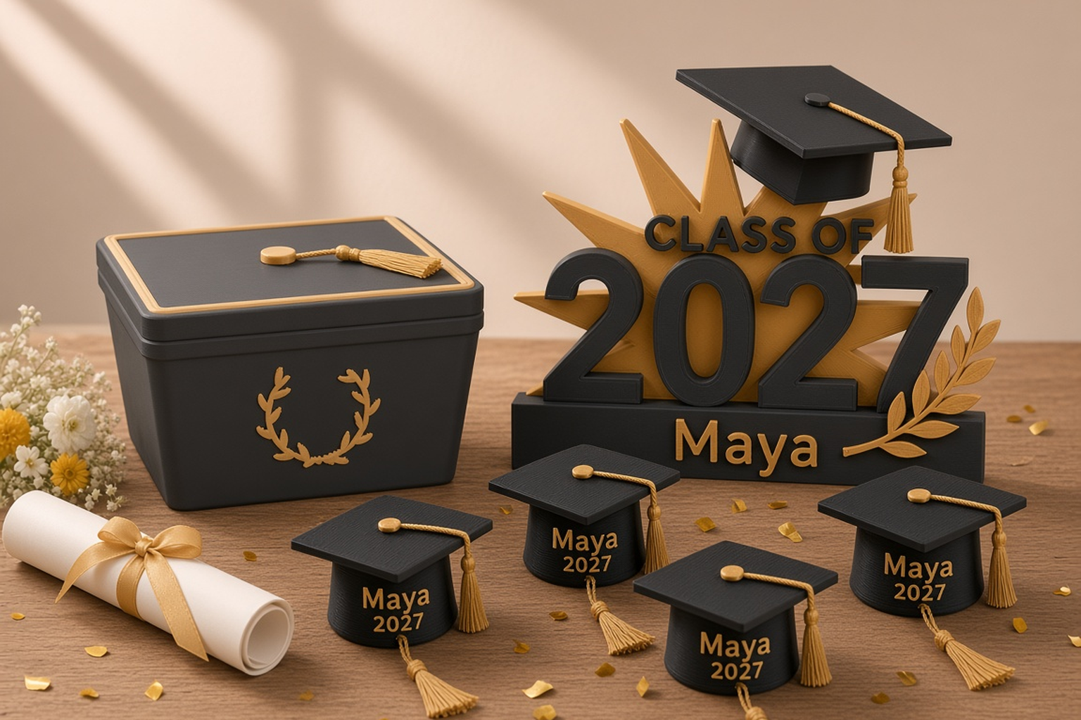 Graduation collection with a black mortarboard box with a gold tassel and laurel wreath, a gold Class of 2027 display and black mini mortarboard keepsakes