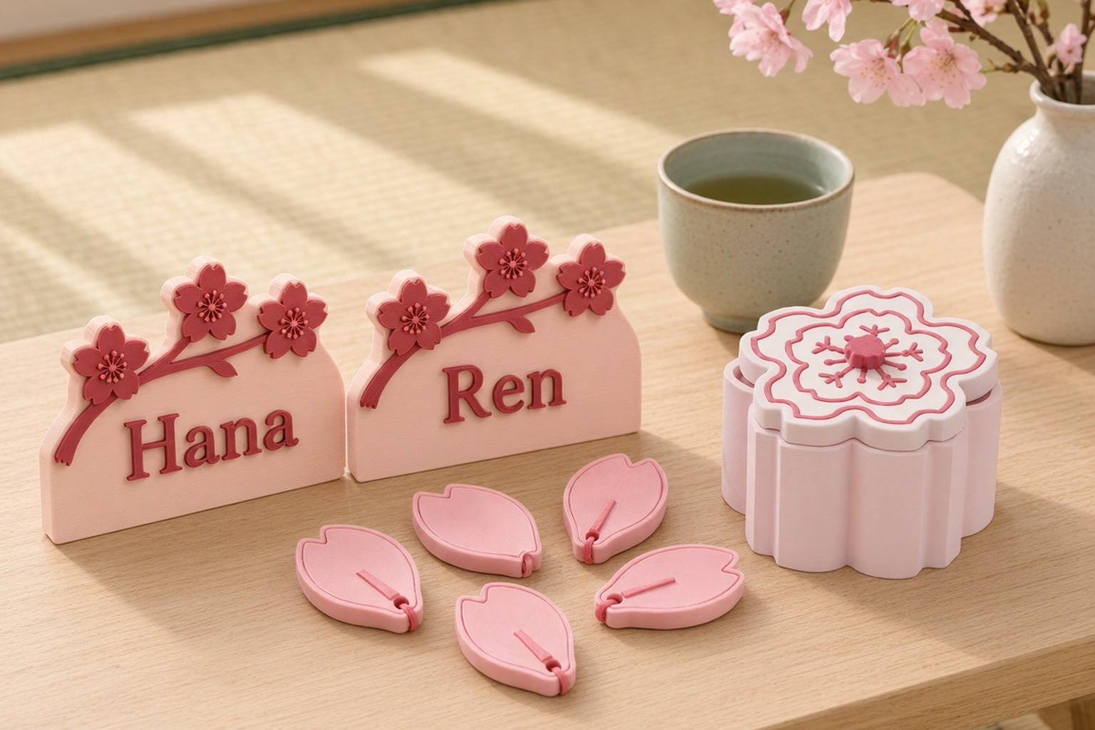 Hanami collection with a pink five-petal sakura box, pale blossom-branch Hana place names and pink sakura petal keepsakes