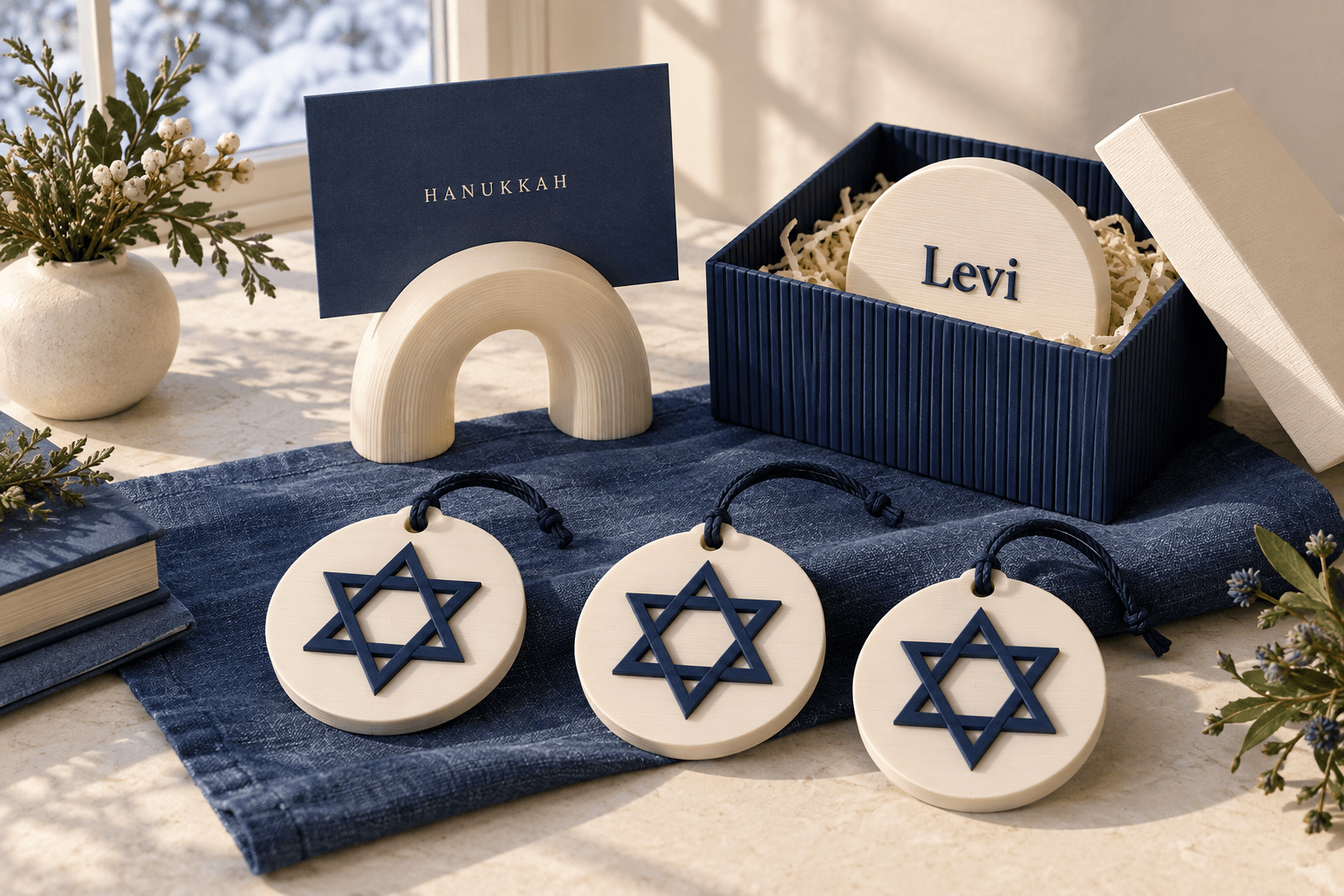 Hanukkah collection with blue gift presentation box, ivory Levi name piece, arch card stand, and Star of David keepsake tags